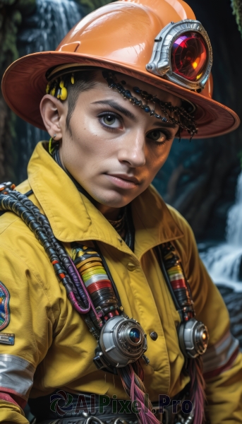 solo,looking at viewer,short hair,brown hair,black hair,1boy,hat,brown eyes,jewelry,closed mouth,jacket,upper body,male focus,earrings,belt,blurry,black eyes,lips,grey eyes,blurry background,helmet,feathers,androgynous,freckles,realistic,nose,yellow jacket,1girl,hair ornament,science fiction