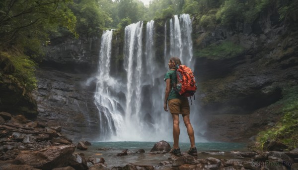 1girl, solo, skirt, brown hair, shirt, black hair, standing, ponytail, short sleeves, outdoors, shoes, shorts, water, bag, from behind, tree, backpack, sneakers, nature, scenery, forest, rock, brown shorts, waterfall, stream