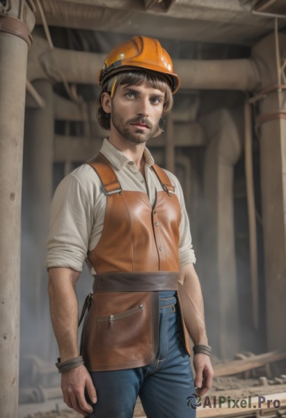 1girl,solo,looking at viewer,short hair,blue eyes,brown hair,shirt,1boy,hat,jewelry,standing,white shirt,male focus,parted lips,collared shirt,belt,pants,blurry,vest,bracelet,lips,facial hair,denim,beard,sleeves rolled up,jeans,realistic,nose,arms at sides,blue pants,overalls,orange headwear,hardhat,cowboy shot,hair bun,buttons,blurry background,single hair bun,helmet,pouch,dirty