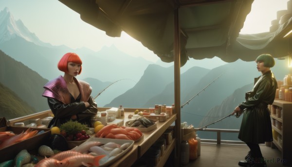 1girl,breasts,short hair,bangs,gloves,long sleeves,1boy,holding,cleavage,standing,jacket,red hair,outdoors,food,green hair,open clothes,day,blunt bangs,water,black footwear,looking at another,lips,coat,makeup,fruit,crossed arms,bob cut,bottle,lipstick,fish,black coat,mountain,basket,red lips,carrot,fishing rod,lemon,tomato,vegetable,fishing,potato,cooler,multiple girls,2girls,medium breasts,scenery,meat,shopping