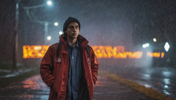 solo,looking at viewer,shirt,black hair,1boy,hat,jewelry,closed mouth,standing,jacket,male focus,outdoors,open clothes,necklace,bag,blurry,black eyes,open jacket,coat,wet,black shirt,black headwear,night,blurry background,red jacket,rain,realistic,hands in pockets,beanie,lamppost,short hair,long sleeves,brown eyes,upper body,earrings,collared shirt,lips,depth of field,blue shirt,open coat,striped shirt,light,road,red coat,street,city lights,neon lights