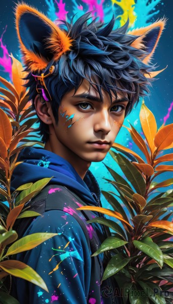 solo,looking at viewer,short hair,black hair,hair ornament,1boy,animal ears,brown eyes,jewelry,closed mouth,upper body,male focus,earrings,artist name,cat ears,dark skin,hood,vest,lips,hoodie,leaf,watermark,dark-skinned male,hood down,fire,plant,star (sky),freckles,nose,stud earrings,paint splatter,paint,bangs,blue hair,outdoors,sky,signature,from side,night,wolf ears,dog ears,night sky,extra ears,starry sky,realistic,drawstring,facepaint,blue hoodie,grey hoodie,splatter