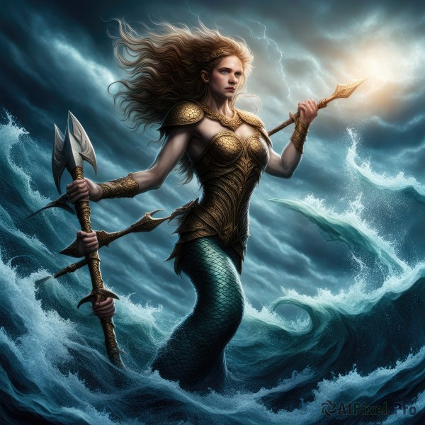 1girl,solo,long hair,breasts,blue eyes,blonde hair,brown hair,holding,medium breasts,weapon,braid,outdoors,sky,artist name,cloud,water,holding weapon,armor,lips,floating hair,ocean,watermark,cloudy sky,monster girl,polearm,shoulder armor,dual wielding,pauldrons,spear,bow (weapon),realistic,nose,arrow (projectile),scales,bracer,mermaid,waves,trident,lightning,open mouth,cleavage,jewelry,teeth,dated,web address,curly hair