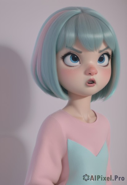 1girl,solo,blush,short hair,open mouth,bangs,blue eyes,simple background,shirt,blue hair,collarbone,upper body,pink hair,grey hair,multicolored hair,teeth,solo focus,artist name,flat chest,two-tone hair,lips,streaked hair,eyelashes,aqua hair,upper teeth only,looking up,child,freckles,pink shirt,nose,female child,parted lips,shadow,watermark,bob cut,web address,realistic