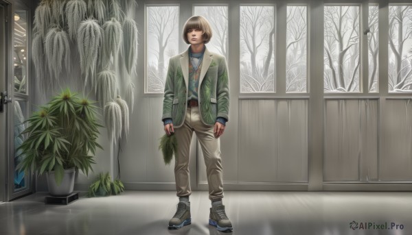 1girl,solo,looking at viewer,short hair,bangs,brown hair,shirt,long sleeves,brown eyes,jewelry,closed mouth,standing,jacket,full body,open clothes,shoes,belt,pants,indoors,blunt bangs,necklace,sweater,open jacket,tree,lips,window,blue shirt,plant,sneakers,reflection,green shirt,door,arms at sides,potted plant,grey pants,brown pants,print shirt,grey footwear,holding,socks,black footwear,bob cut,green jacket,bare tree