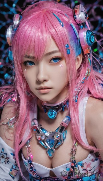 1girl,solo,long hair,breasts,looking at viewer,bangs,blue eyes,hair ornament,cleavage,bare shoulders,jewelry,medium breasts,closed mouth,upper body,pink hair,multicolored hair,choker,necklace,lips,gem,realistic,nose,eyelashes,makeup,headgear,headphones,facial mark