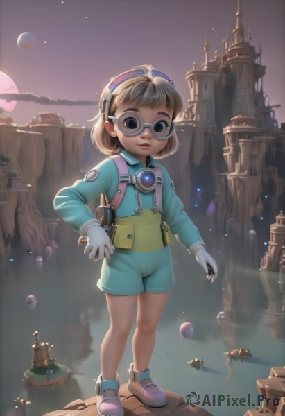 1girl,solo,looking at viewer,smile,short hair,brown hair,gloves,long sleeves,brown eyes,closed mouth,standing,full body,outdoors,sky,shoes,glasses,shorts,white gloves,water,lips,night,moon,goggles,child,star (sky),goggles on head,female child,jumpsuit,spacecraft,spacesuit,parted lips,thick eyebrows,blue shorts