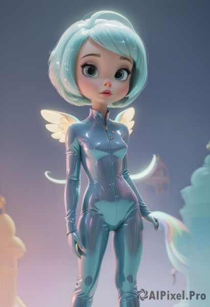 1girl,solo,breasts,looking at viewer,short hair,gloves,blue hair,standing,small breasts,wings,solo focus,shiny,lips,eyelashes,aqua hair,bodysuit,makeup,lipstick,skin tight,zipper,shiny clothes,angel wings,white wings,latex,mini wings,latex bodysuit,blush,blue eyes,ahoge