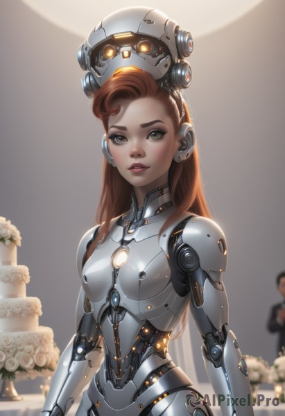 1girl,solo,long hair,breasts,looking at viewer,brown hair,1boy,brown eyes,upper body,flower,small breasts,parted lips,solo focus,artist name,signature,armor,blurry,lips,bodysuit,makeup,blurry background,headgear,formal,suit,white flower,science fiction,realistic,nose,arms at sides,android,joints,mechanical arms,white rose,cyborg,robot joints,mechanical parts,teeth,orange eyes,glowing,backlighting,freckles,neon trim