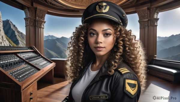 1girl,solo,long hair,looking at viewer,smile,brown hair,shirt,hat,brown eyes,jacket,white shirt,upper body,open clothes,sky,day,uniform,open jacket,lips,black jacket,military,military uniform,peaked cap,zipper,curly hair,military hat,mountain,realistic,nose,unzipped,leather,ringlets,leather jacket,earrings,outdoors,black headwear,scenery