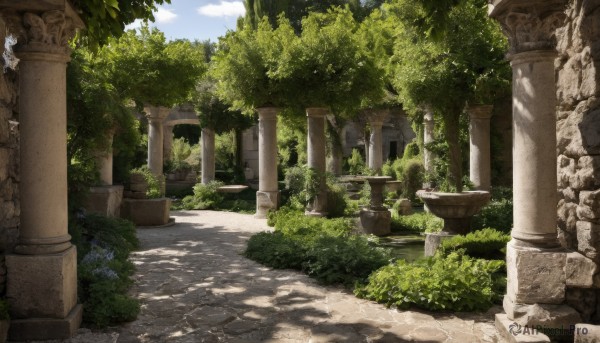 outdoors,sky,day,cloud,tree,blue sky,no humans,sunlight,grass,plant,nature,scenery,forest,bush,ruins,pillar,statue,path,arch,overgrown,column,shade,dappled sunlight