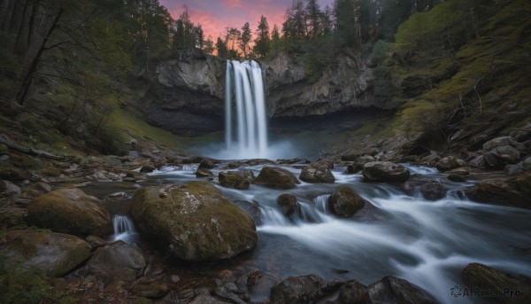 A waterfall portrayed in a refreshing sunset outdoors
