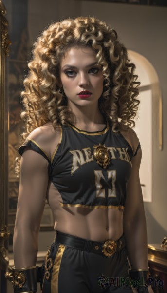 1girl,solo,long hair,breasts,looking at viewer,blue eyes,blonde hair,shirt,navel,bare shoulders,jewelry,standing,cowboy shot,small breasts,parted lips,sleeveless,midriff,belt,pants,indoors,dark skin,bracelet,dark-skinned female,lips,crop top,eyelashes,makeup,black pants,abs,tank top,lipstick,wristband,clothes writing,reflection,curly hair,toned,mirror,sportswear,realistic,nose,arms at sides,red lips,mascara,medium breasts,earrings,teeth