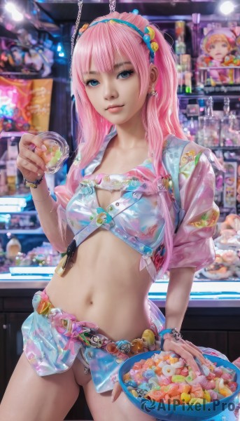 1girl,solo,long hair,breasts,looking at viewer,smile,blue eyes,skirt,hair ornament,navel,holding,jewelry,medium breasts,underwear,pink hair,hairband,earrings,food,pussy,midriff,nail polish,bracelet,cup,lips,crop top,see-through,candy,realistic,large breasts,cleavage,closed mouth,standing,heart,cowboy shot,belt,uncensored,no panties,piercing,ring,contrapposto,microskirt,navel piercing