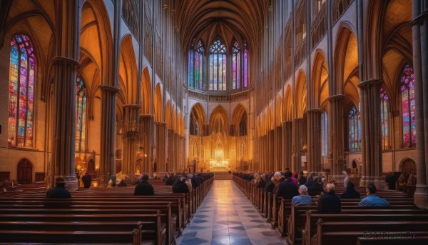 wings,indoors,no humans,window,sunlight,cross,instrument,scenery,6+boys,stairs,fantasy,candle,architecture,pillar,statue,piano,stained glass,church,arch,candlestand,chandelier,column,multiple girls,blonde hair,multiple boys,6+girls,fire,robe