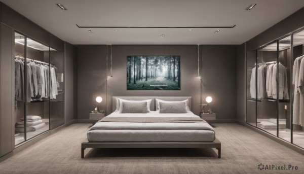 indoors,tree,pillow,no humans,window,bed,chair,table,curtains,scenery,couch,door,blanket,lamp,bedroom,carpet,ceiling light,towel,desk,wooden floor,light,floor,ceiling,sink,rug,cabinet