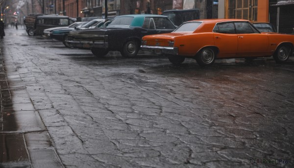 A vivid rainy outdoors highlighting a motor vehicle