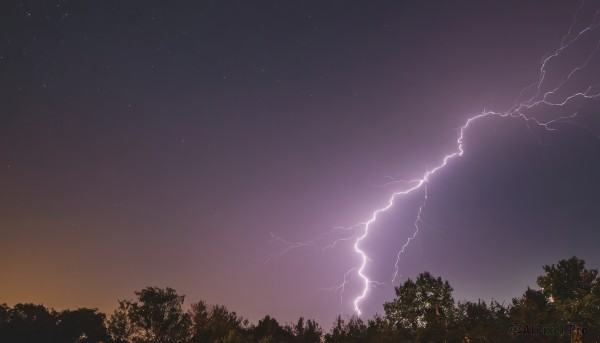 outdoors,sky,cloud,tree,no humans,night,star (sky),nature,night sky,scenery,forest,starry sky,electricity,lightning,purple sky,cloudy sky,dark