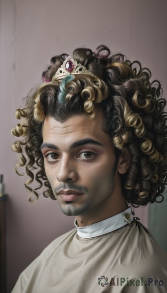 solo,looking at viewer,blonde hair,brown hair,shirt,black hair,1boy,brown eyes,closed mouth,white shirt,upper body,male focus,dark skin,blurry,black eyes,lips,blurry background,facial hair,dark-skinned male,crown,portrait,beard,curly hair,realistic,nose,mustache,dreadlocks,afro,hair ornament,tiara