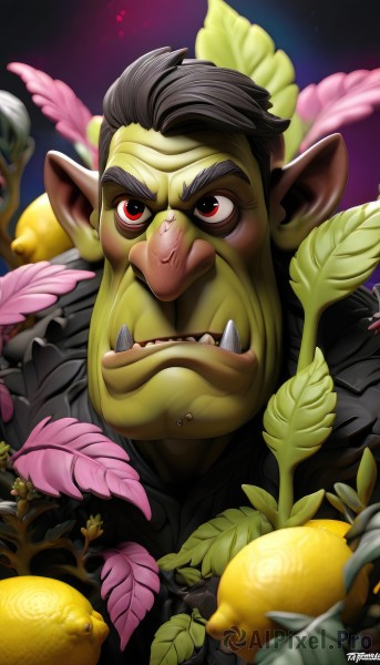 solo,looking at viewer,short hair,black hair,red eyes,1boy,closed mouth,grey hair,male focus,food,teeth,pointy ears,artist name,signature,blurry,fruit,colored skin,leaf,fangs,piercing,thick eyebrows,plant,sharp teeth,portrait,green skin,lemon,mohawk,orc,tusks,yellow skin,goblin,pineapple,parody