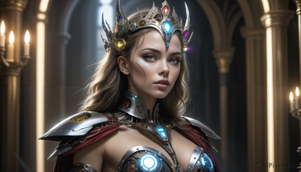 HQ,1girl,solo,long hair,breasts,looking at viewer,blue eyes,blonde hair,brown hair,medium breasts,upper body,parted lips,artist name,indoors,signature,cape,armor,blurry,dated,lips,makeup,blurry background,facial mark,tiara,crown,shoulder armor,gem,pauldrons,realistic,nose,fantasy,red cape,candle,shoulder pads,pillar,large breasts,cleavage,glowing