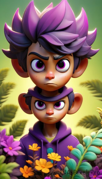 looking at viewer,short hair,1boy,hat,closed mouth,purple eyes,upper body,purple hair,flower,male focus,multicolored hair,multiple boys,hood,2boys,hoodie,siblings,frown,leaf,hood down,plant,child,dual persona,freckles,yellow flower,purple flower,male child,purple hoodie,solo,black hair,artist name,dark skin,pink eyes,watermark,spiked hair,green background,serious,height difference,drawstring