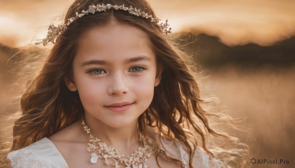 1girl,solo,long hair,looking at viewer,smile,blue eyes,brown hair,hair ornament,dress,jewelry,closed mouth,upper body,flower,necklace,white dress,lips,grey eyes,wavy hair,portrait,veil,forehead,realistic,head wreath,outdoors,sky,blurry,eyelashes