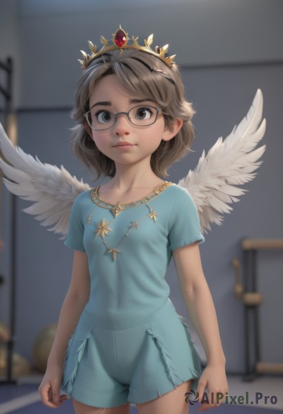 1girl,solo,breasts,looking at viewer,short hair,brown hair,shirt,brown eyes,jewelry,closed mouth,standing,collarbone,short sleeves,cowboy shot,small breasts,wings,glasses,shorts,pussy,indoors,medium hair,necklace,blurry,black eyes,lips,loli,short shorts,depth of field,blurry background,cameltoe,tiara,crown,blue shirt,feathered wings,black-framed eyewear,blue shorts,angel wings,white wings,arms at sides,angel,blue-framed eyewear,artist name,night,watermark,web address,realistic,nose