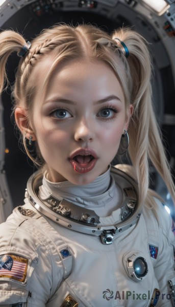 1girl,solo,long hair,looking at viewer,open mouth,blue eyes,blonde hair,hair ornament,twintails,jewelry,upper body,earrings,teeth,tongue,tongue out,blurry,lips,grey eyes,eyelashes,bodysuit,makeup,blurry background,lipstick,eyeshadow,hoop earrings,realistic,nose,hair tie,red lips,eyeliner,american flag,mascara,spacesuit,japanese flag,astronaut,bangs,braid,artist name,piercing,clothes writing,forehead,science fiction,space,spacecraft