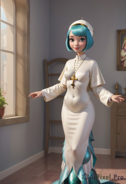 1girl,solo,breasts,looking at viewer,smile,short hair,bangs,blue eyes,long sleeves,hat,dress,jewelry,medium breasts,closed mouth,blue hair,standing,full body,small breasts,indoors,wide sleeves,necklace,white dress,covered nipples,lips,window,aqua hair,covered navel,white headwear,cross,plant,monster girl,skin tight,web address,impossible clothes,long dress,nun,potted plant,mermaid,cross necklace,lamia,latin cross,swept bangs,robe,realistic,scales