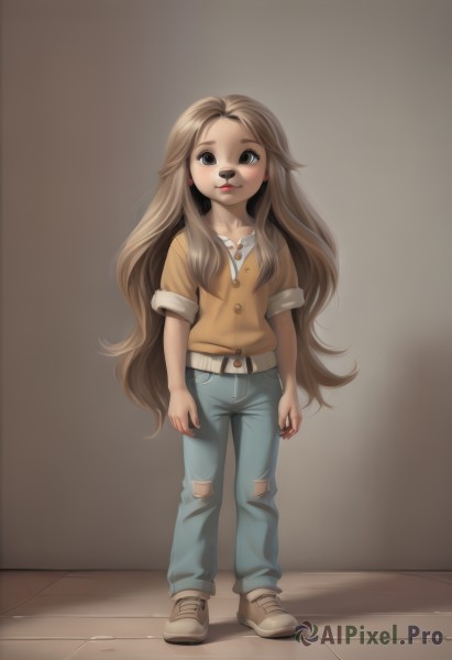 1girl,solo,long hair,looking at viewer,brown hair,shirt,brown eyes,jewelry,very long hair,standing,collarbone,full body,earrings,shoes,belt,pants,nail polish,lips,torn clothes,buttons,denim,lipstick,child,jeans,arms at sides,female child,torn pants,torn jeans,smile,sneakers,orange shirt