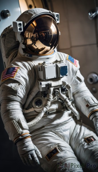 solo,gloves,1boy,sitting,male focus,blurry,helmet,1other,science fiction,realistic,ambiguous gender,american flag,spacesuit,japanese flag,pilot,space helmet,astronaut,blurry background,cable,flag print,united states,american flag print