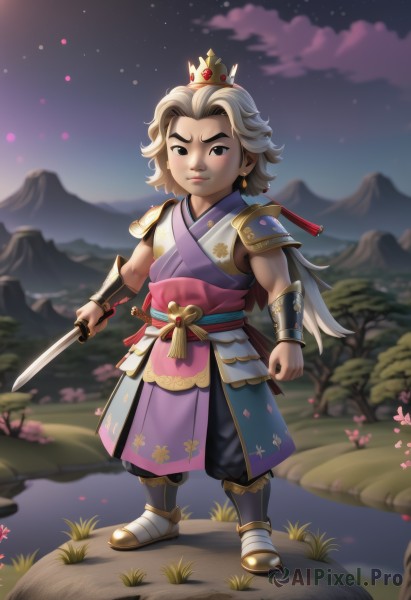 solo,long hair,looking at viewer,bangs,blonde hair,1boy,holding,jewelry,closed mouth,standing,full body,ponytail,weapon,flower,grey hair,male focus,earrings,outdoors,japanese clothes,sky,pants,sword,artist name,holding weapon,armor,black eyes,sash,night,holding sword,thick eyebrows,katana,grass,aged down,crown,shoulder armor,clenched hand,child,star (sky),night sky,mountain,japanese armor,male child,short hair,cape,tree,serious