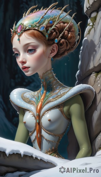 1girl,solo,breasts,looking at viewer,blush,blue eyes,brown hair,hair ornament,dress,jewelry,nipples,upper body,earrings,small breasts,outdoors,parted lips,hair bun,orange hair,armor,blurry,lips,eyelashes,makeup,blurry background,piercing,lipstick,gem,eyeshadow,freckles,nose,red lips,nipple piercing,mascara,gorget,blonde hair,long sleeves,sitting,braid,artist name,bodysuit,looking away,expressionless,single hair bun,shoulder armor,skin tight,gold trim,shrug (clothing),looking afar,gold,updo,green gemstone,pearl (gemstone)