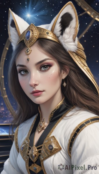 1girl,solo,long hair,breasts,looking at viewer,brown hair,animal ears,brown eyes,jewelry,closed mouth,upper body,earrings,sky,artist name,necklace,lips,animal ear fluff,grey eyes,fur trim,fox ears,eyelashes,makeup,tiara,crown,lipstick,gem,portrait,star (sky),eyeshadow,starry sky,freckles,realistic,nose,red lips,blush