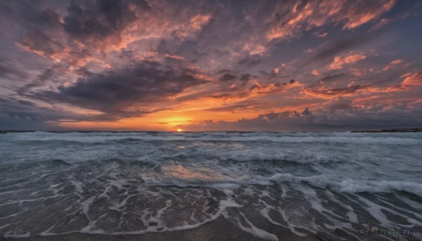 outdoors,sky,cloud,water,no humans,ocean,beach,sunlight,cloudy sky,scenery,sunset,sand,sun,horizon,waves,shore,orange sky,dutch angle