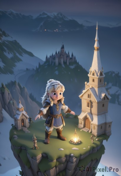 1girl,solo,long hair,smile,blue eyes,blonde hair,standing,braid,flower,white hair,boots,outdoors,sky,armor,twin braids,tree,night,brown footwear,grass,night sky,scenery,snow,lantern,mountain,house,castle,gloves,chibi,fur trim,glowing