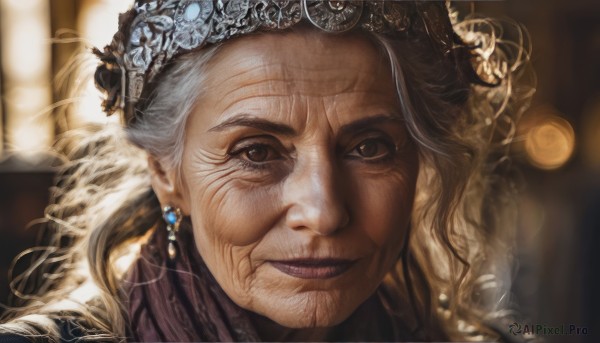 1girl,solo,long hair,looking at viewer,smile,hair ornament,brown eyes,jewelry,closed mouth,white hair,grey hair,earrings,blurry,lips,depth of field,blurry background,tiara,crown,portrait,realistic,old,old man,old woman,wrinkled skin