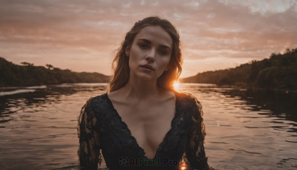 1girl,solo,long hair,breasts,looking at viewer,blue eyes,brown hair,dress,cleavage,medium breasts,collarbone,upper body,small breasts,outdoors,parted lips,sky,cloud,water,black dress,lips,head tilt,makeup,backlighting,reflection,sunset,mountain,realistic,sun,river,lake,brown eyes,ocean,cloudy sky,breasts apart