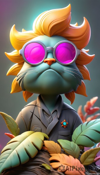 solo,looking at viewer,short hair,bangs,shirt,1boy,jewelry,closed mouth,jacket,upper body,male focus,glasses,collared shirt,artist name,grey background,orange hair,blurry,gradient,gradient background,blurry background,glowing,animal,leaf,formal,sunglasses,plant,goggles,grey shirt,furry,freckles,grey jacket,round eyewear,furry male,tinted eyewear,badge,whiskers,yordle,blonde hair,flower,black jacket,no humans,watermark,facing viewer,breast pocket