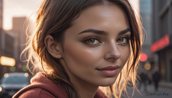 1girl,solo,looking at viewer,smile,short hair,brown hair,brown eyes,jewelry,closed mouth,earrings,outdoors,hood,medium hair,blurry,lips,eyelashes,depth of field,blurry background,piercing,ground vehicle,building,portrait,motor vehicle,forehead,backlighting,freckles,city,realistic,nose,car,stud earrings,scarf,light smile,close-up,bokeh