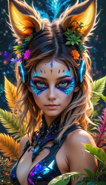 1girl,solo,long hair,breasts,looking at viewer,smile,blonde hair,brown hair,hair ornament,animal ears,cleavage,bare shoulders,medium breasts,closed mouth,green eyes,upper body,flower,sleeveless,artist name,signature,hair flower,lips,fox ears,clothing cutout,eyelashes,makeup,glowing,headgear,leaf,watermark,facial mark,cleavage cutout,plant,lipstick,web address,eyeshadow,pink lips,nose,eyeliner,mascara,dress,small breasts,gem,light particles,lens flare,backlighting,freckles,facepaint,bokeh,colorful