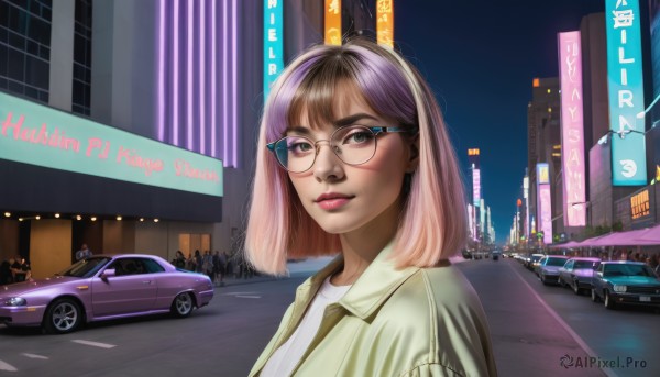 1girl,solo,looking at viewer,smile,short hair,bangs,brown hair,shirt,brown eyes,closed mouth,green eyes,jacket,white shirt,upper body,pink hair,purple hair,multicolored hair,outdoors,open clothes,glasses,solo focus,artist name,medium hair,two-tone hair,english text,lips,makeup,night,ground vehicle,building,motor vehicle,green jacket,city,realistic,nose,car,road,street,black hair,parted lips,sky,eyelashes,bob cut,thick eyebrows,lipstick,portrait,night sky,round eyewear,cityscape,skyscraper,crowd,mascara,neon lights,crosswalk