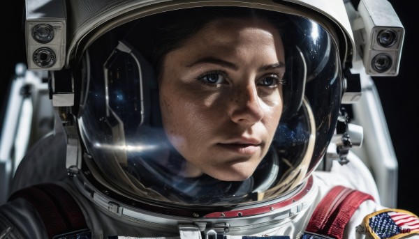 1girl,solo,looking at viewer,blue eyes,black hair,closed mouth,signature,blurry,lips,eyelashes,helmet,portrait,freckles,reflection,science fiction,realistic,nose,space,planet,spacesuit,space helmet,astronaut,1boy,male focus,mole,serious,flag print,earth (planet),american flag,spacecraft,united states,american flag print