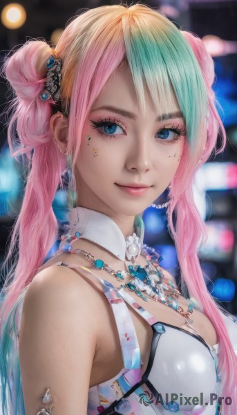 1girl,solo,long hair,breasts,looking at viewer,smile,bangs,blue eyes,blonde hair,hair ornament,cleavage,bare shoulders,twintails,jewelry,medium breasts,closed mouth,upper body,pink hair,multicolored hair,earrings,green hair,necklace,hair bun,blurry,two-tone hair,lips,eyelashes,double bun,aqua hair,gradient hair,makeup,detached collar,depth of field,blurry background,lipstick,gem,eyeshadow,realistic,nose,eyeliner,mascara,blue hair,swimsuit,artist name,mole,from side,pink lips