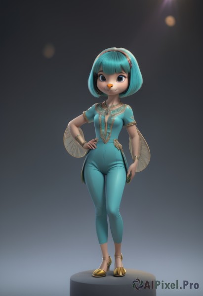 1girl,solo,breasts,looking at viewer,smile,short hair,bangs,blue eyes,simple background,shirt,jewelry,closed mouth,blue hair,standing,full body,short sleeves,hairband,small breasts,pants,artist name,dark skin,blunt bangs,black eyes,bracelet,dark-skinned female,gradient,hand on hip,gradient background,aqua hair,bodysuit,makeup,sandals,bob cut,blue shirt,furry,furry female,blue bodysuit,animal ears,tail,wings,shoes,necklace,high heels,watermark,black background,anklet,antennae,body fur,animal nose,yellow footwear,snout,two-tone fur,spotlight