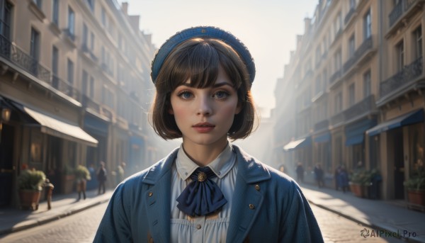 1girl,solo,looking at viewer,short hair,bangs,blue eyes,brown hair,shirt,black hair,hat,jacket,white shirt,upper body,outdoors,parted lips,open clothes,teeth,solo focus,day,collared shirt,blurry,open jacket,lips,ascot,buttons,depth of field,blurry background,beret,sunlight,blue jacket,building,scenery,blue headwear,city,realistic,nose,road,street,people,pavement,denim jacket,sky,striped,makeup,bob cut,thick eyebrows,plant,backlighting,striped shirt,potted plant,town,vanishing point