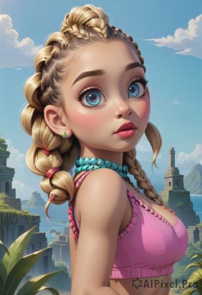 1girl,solo,long hair,breasts,looking at viewer,blush,blue eyes,blonde hair,hair ornament,cleavage,bare shoulders,jewelry,medium breasts,closed mouth,upper body,braid,earrings,small breasts,outdoors,frills,sky,sleeveless,choker,day,midriff,shiny,artist name,cloud,signature,water,necklace,bra,twin braids,covered nipples,from side,tree,blue sky,lips,crop top,looking to the side,bare arms,eyelashes,sleeveless shirt,makeup,ocean,leaf,piercing,thick eyebrows,cloudy sky,plant,lipstick,building,hair over shoulder,tareme,forehead,freckles,beads,curly hair,pink shirt,colored eyelashes,pink lips,mountain,pink bra,nose,hair tie,arms at sides,horizon,red lips,stud earrings,frilled shirt,looking afar,frilled bra,bead necklace,castle,tower,waterfall,pearl necklace,mascara,hair beads,multi-tied hair,cliff,multiple braids,ribbon,hair ribbon,parted lips,sunlight,tank top,city,cityscape,skyscraper