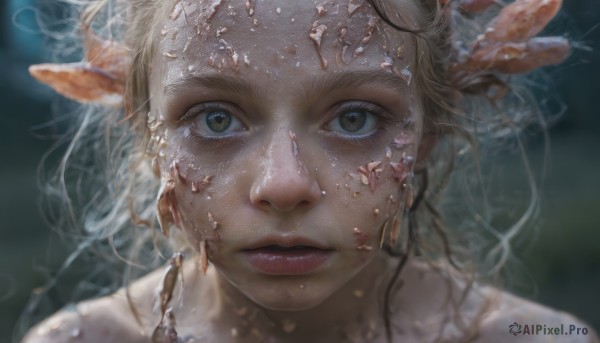 1girl,solo,long hair,looking at viewer,blonde hair,brown eyes,parted lips,pointy ears,blurry,lips,depth of field,blurry background,portrait,close-up,freckles,realistic,short hair,hair ornament,jewelry,closed mouth,earrings,eyelashes,underwater,coral