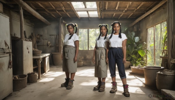 long hair,looking at viewer,smile,multiple girls,skirt,shirt,black hair,twintails,brown eyes,jewelry,closed mouth,standing,white shirt,short sleeves,shoes,day,pants,indoors,dark skin,3girls,hair bun,apron,dark-skinned female,window,double bun,shadow,siblings,sandals,table,sunlight,plant,denim,t-shirt,sneakers,grey skirt,jeans,arms at sides,potted plant,grey pants,shelf,capri pants,flower pot,dreadlocks,pants rolled up,hair ornament,braid,boots,twin braids,lips,realistic,shirt tucked in